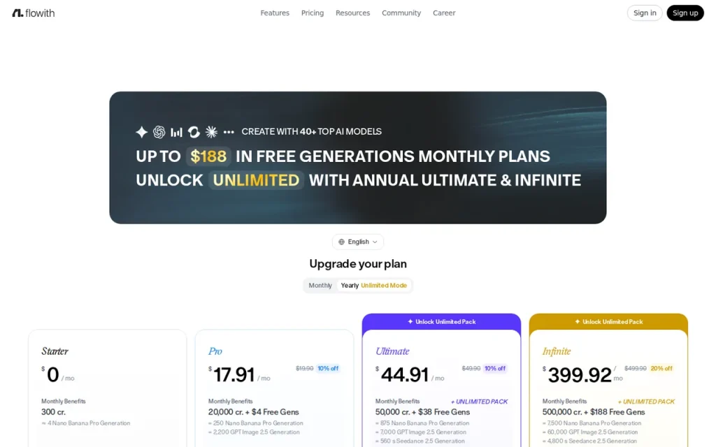 Flowith official pricing page screenshot with plan names