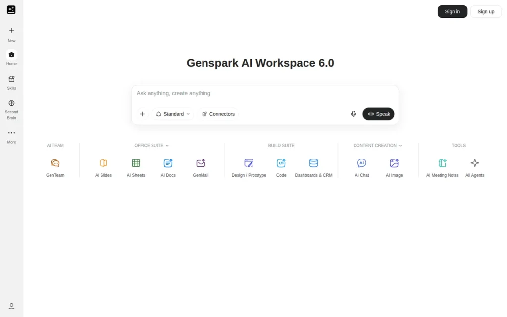 Genspark AI Workspace 6.0 homepage with the prompt box, Standard mode selector and agent shortcuts for slides, sheets, docs, chat and meeting notes