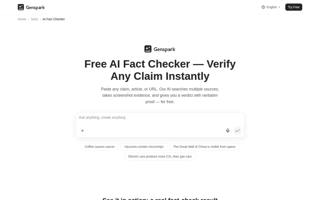 Genspark AI Fact Checker page with a claim input box and example claims to verify