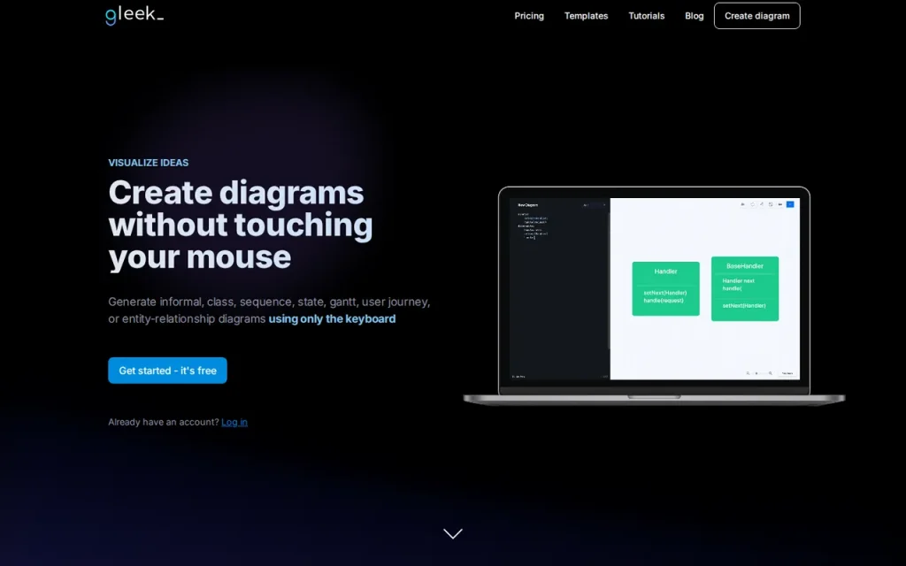 Gleek homepage with the headline Create diagrams without touching your mouse and a laptop showing the diagram editor