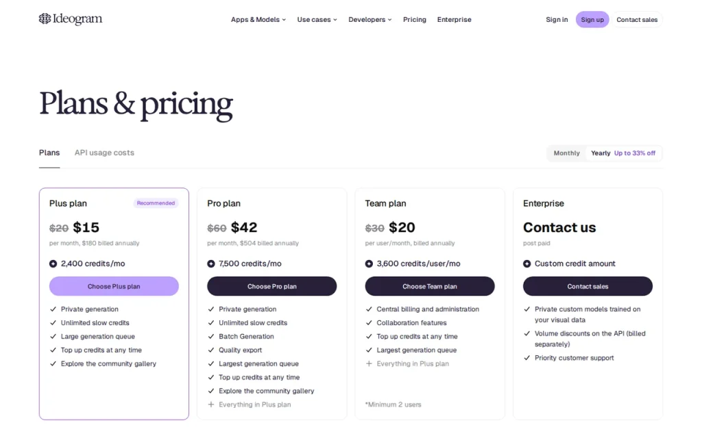 Ideogram official pricing page screenshot with plan names