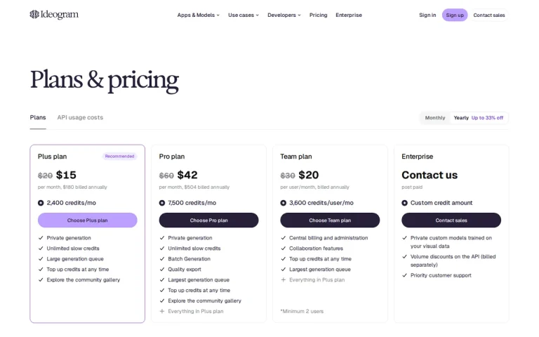 Ideogram official pricing page screenshot with plan names
