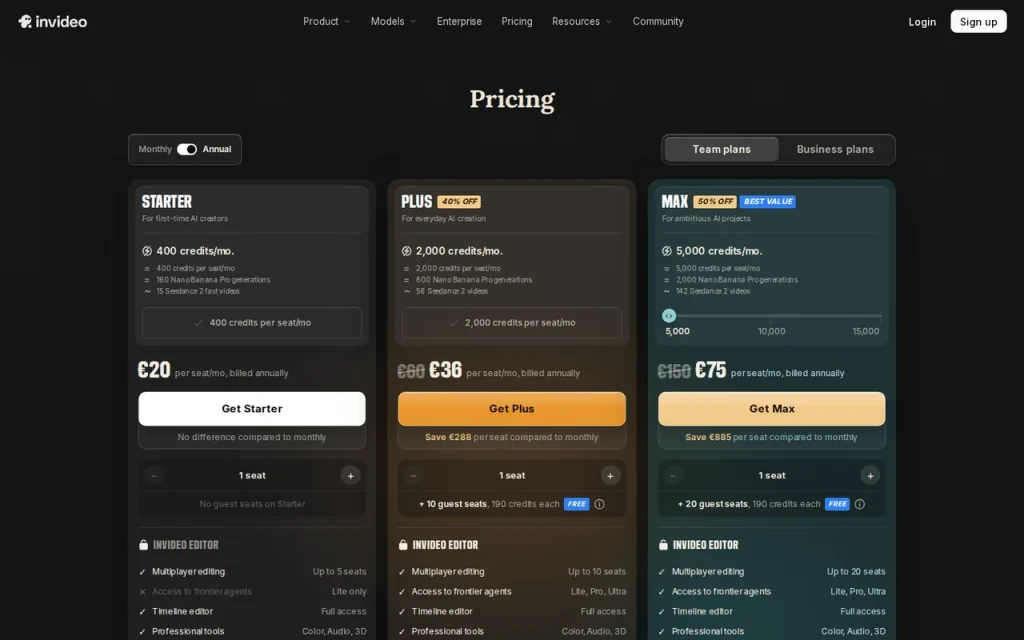 InVideo official pricing page screenshot with plan names