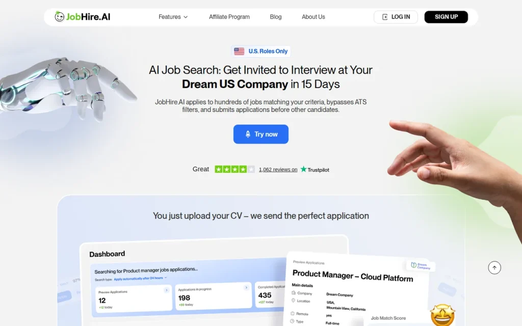 JobHire.AI homepage with a U.S. Roles Only label, the auto-apply headline and a dashboard preview