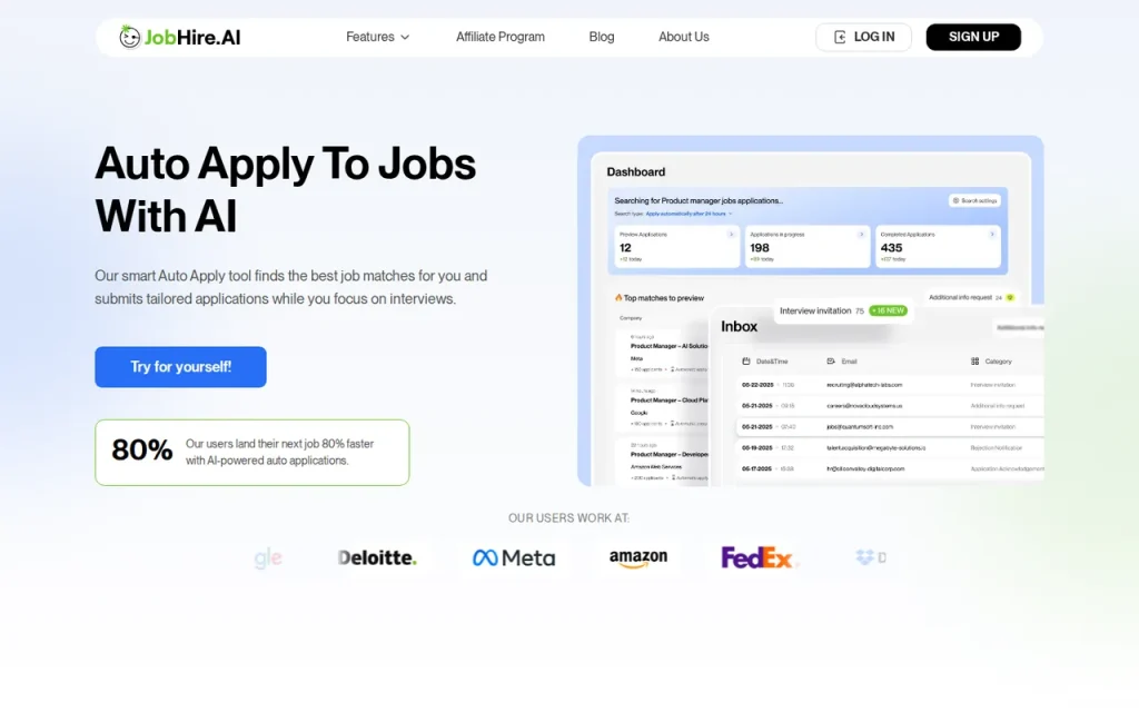 JobHire.AI Auto Apply page with an application dashboard and an inbox of forwarded employer messages