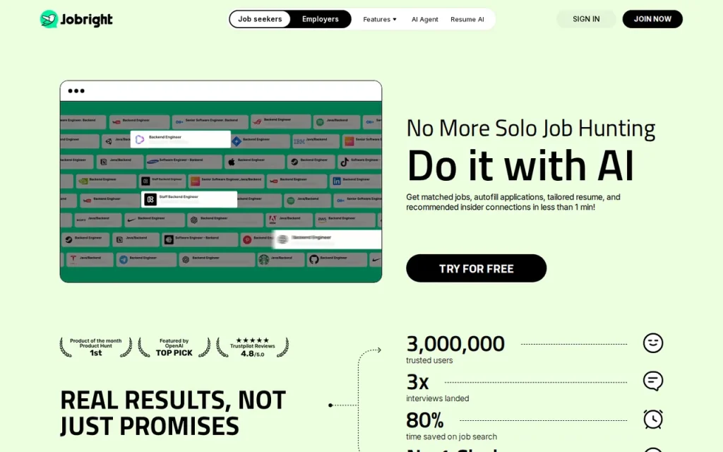 Jobright homepage with the headline Do it with AI, a job list preview and a Try for free button