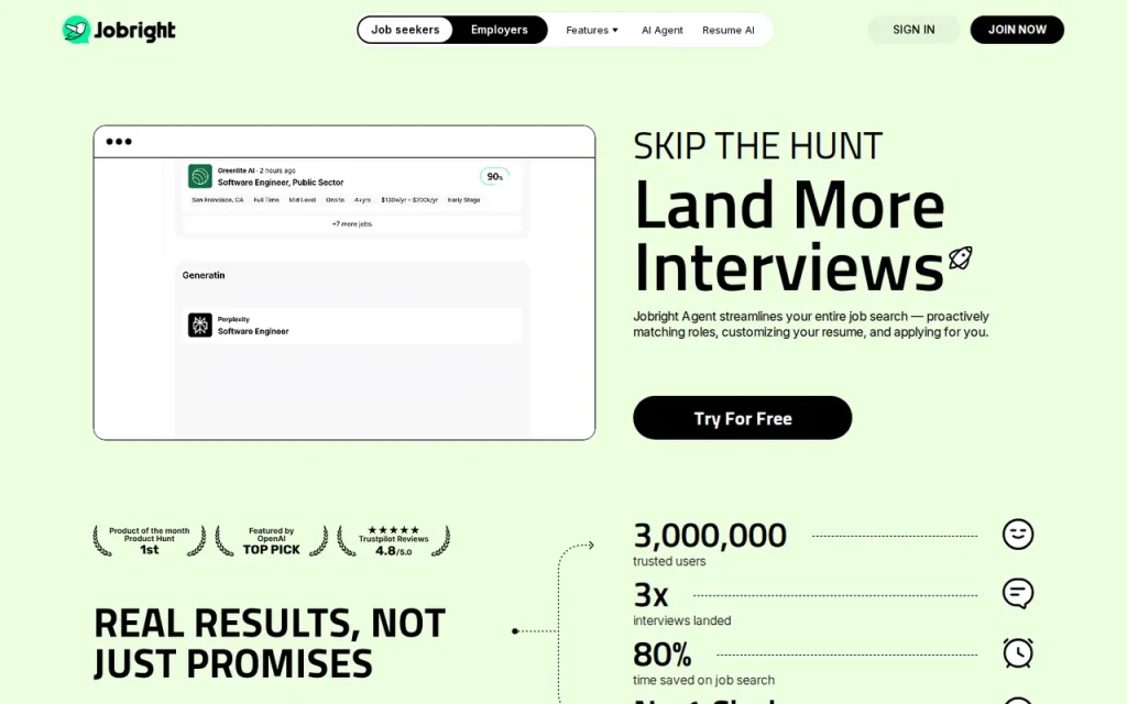 Jobright AI Agent page headed Land More Interviews, with a matched software engineer job card