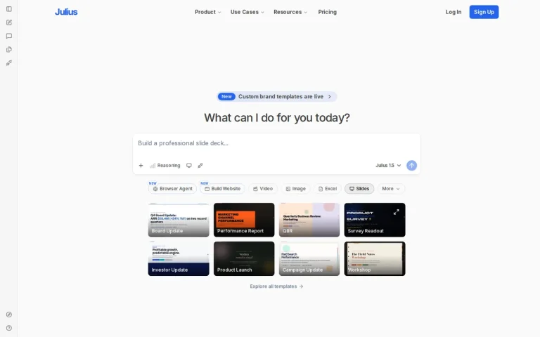 Julius AI homepage with the "What can I do for you today?" prompt box and template tiles