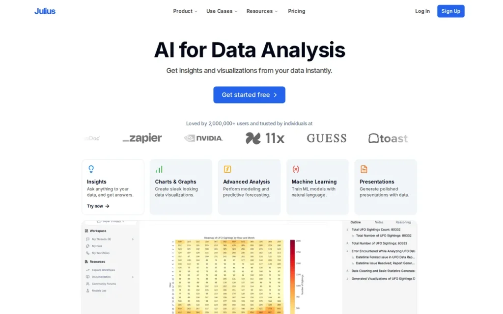 Julius AI for data analysis page with example chart, table and model cards