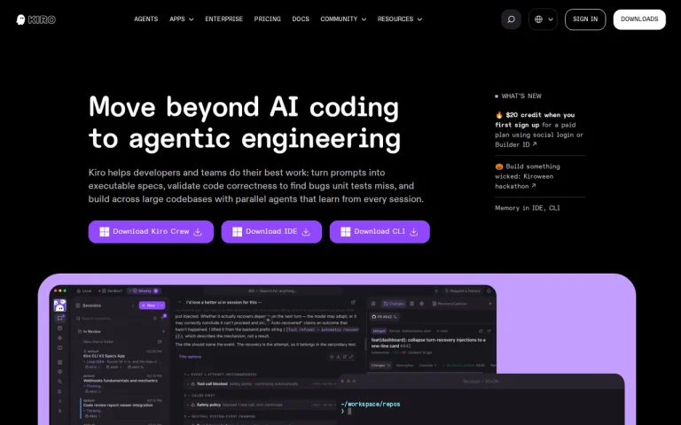 Kiro homepage with the headline Move beyond AI coding to agentic engineering and download buttons for Crew, IDE and CLI
