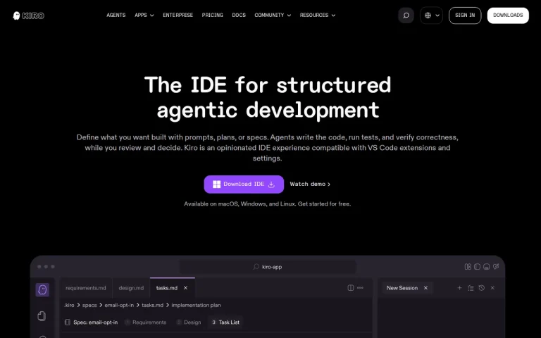 Kiro IDE page with the headline The IDE for structured agentic development and an editor preview showing spec files