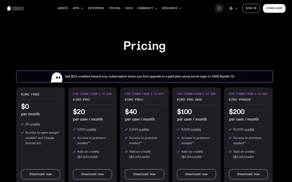 Kiro pricing page with five plan cards from Kiro Free at $0 to Kiro Power at $200 per user per month and their monthly credits