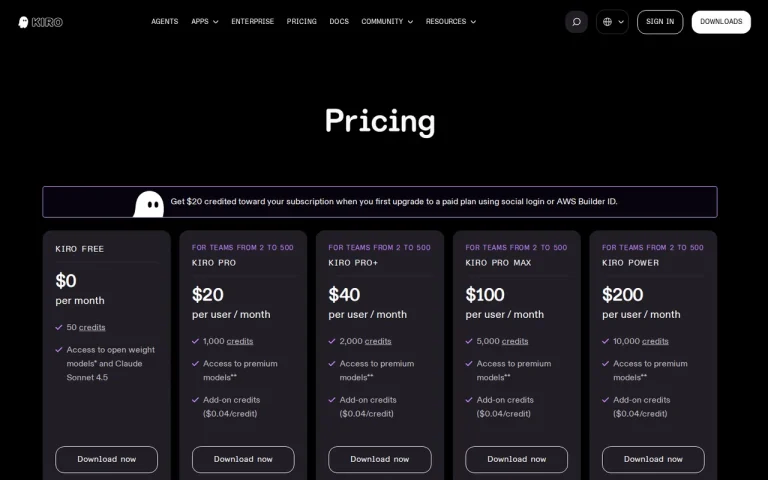 Kiro pricing page with five plan cards from Kiro Free at $0 to Kiro Power at $200 per user per month and their monthly credits