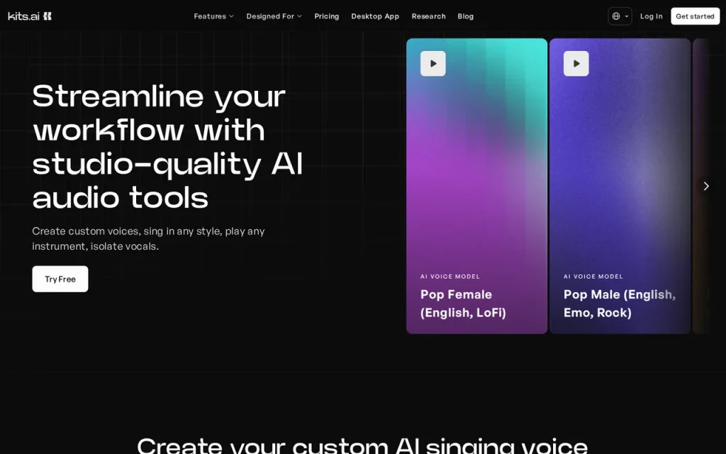 Kits AI homepage with the Streamline your workflow headline and AI voice model cards
