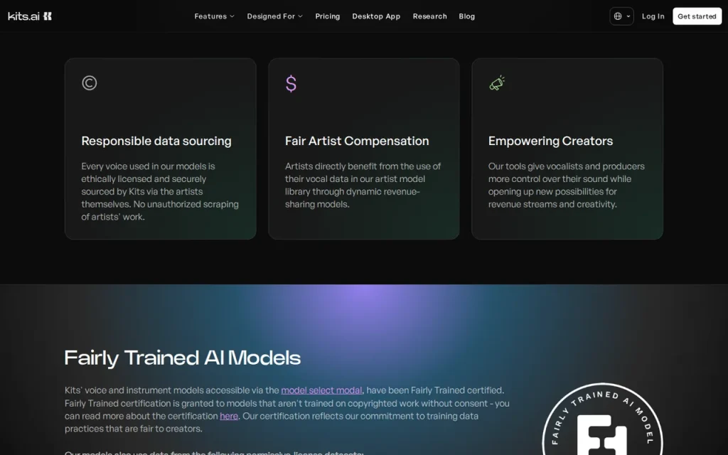 Kits AI ethics page with Responsible data sourcing, Fair Artist Compensation and Fairly Trained AI Models sections
