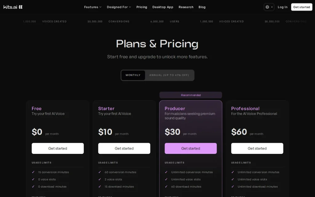 Kits AI pricing page with Free, Starter, Producer and Professional plan cards and their usage limits