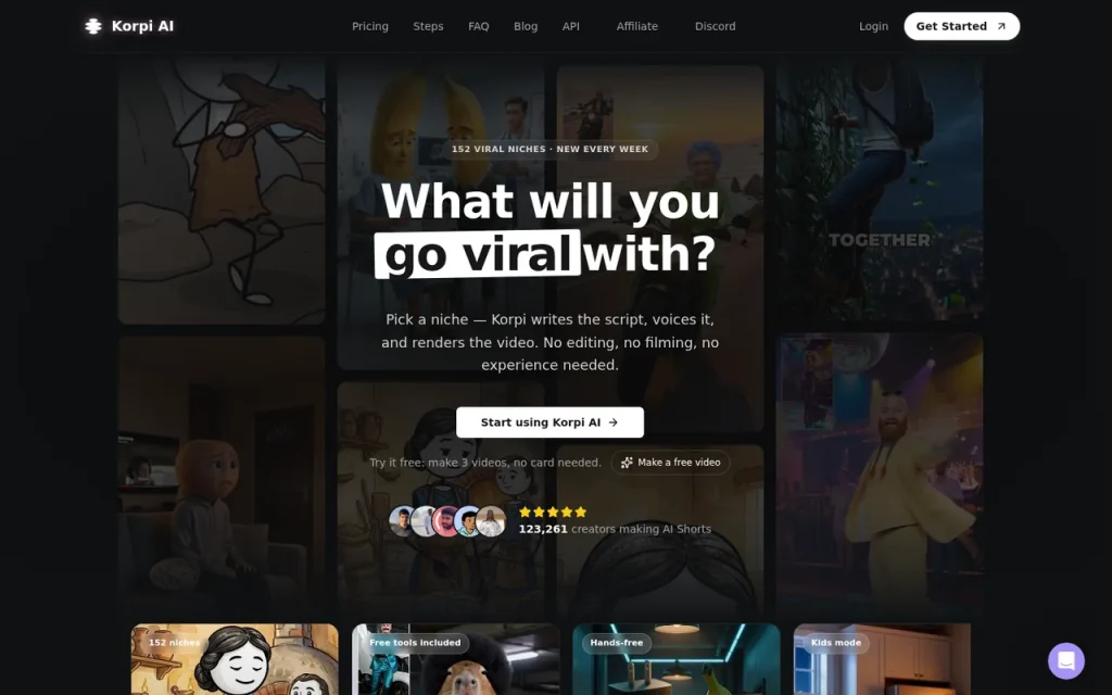 Korpi AI homepage screenshot showing the official landing page