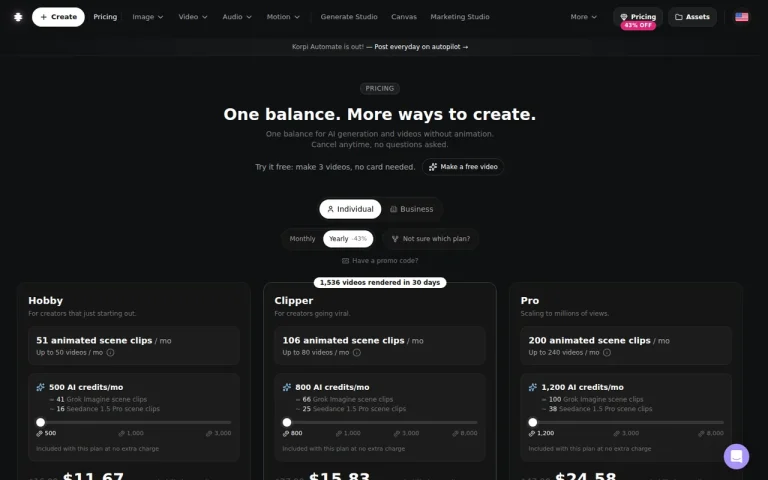 Korpi AI official pricing page screenshot with plan names