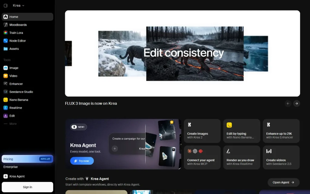 Krea homepage screenshot showing the official landing page