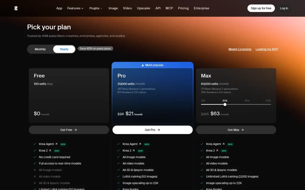 Krea official pricing page screenshot with plan names
