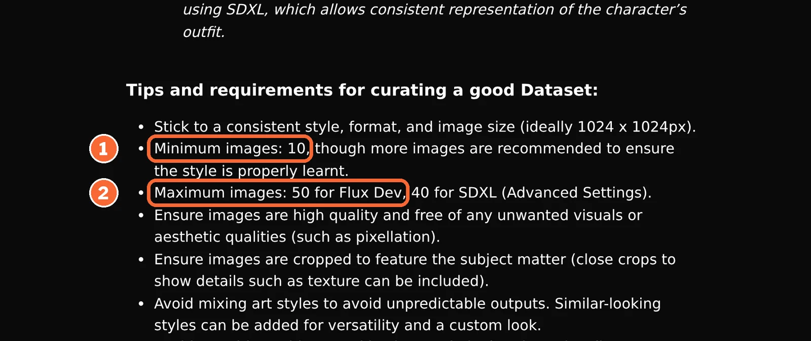 Leonardo.Ai Elements training guide with the minimum of 10 images and the maximum of 50 for Flux Dev marked
