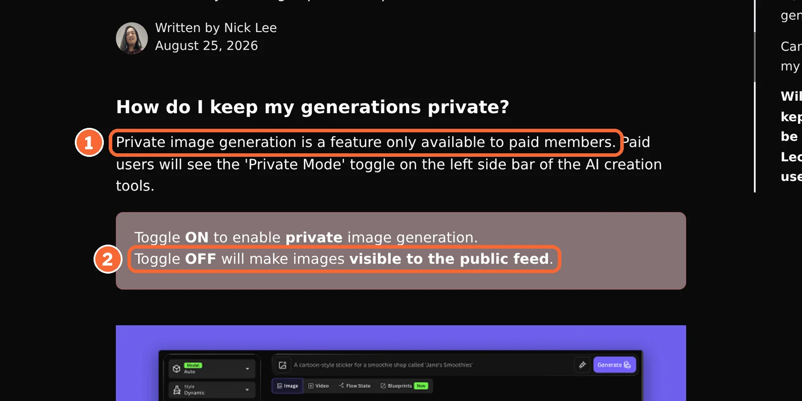Leonardo.Ai help article with the paid-only private generation sentence and the public feed toggle line marked