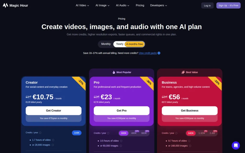Magic Hour official pricing page screenshot with plan names