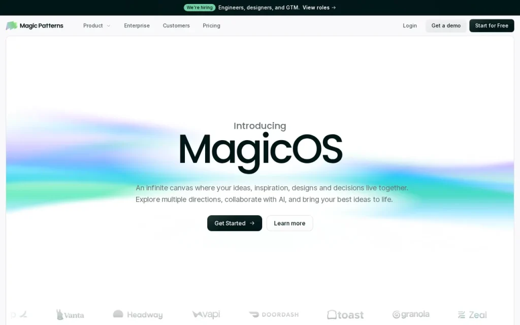 Magic Patterns homepage with the headline Introducing MagicOS, an infinite canvas for ideas, designs and decisions