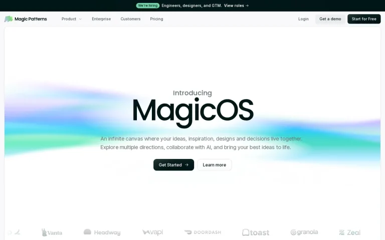 Magic Patterns homepage with the headline Introducing MagicOS, an infinite canvas for ideas, designs and decisions