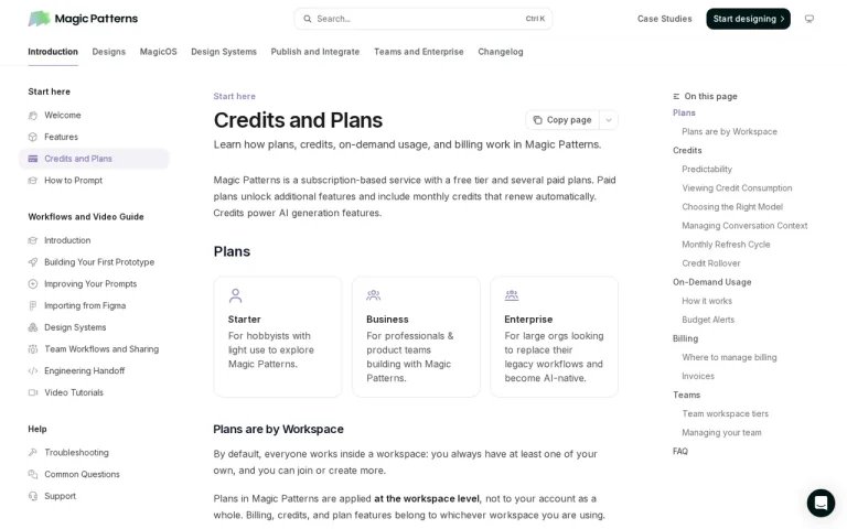 Magic Patterns documentation page Credits and Plans with Starter, Business and Enterprise plan cards and the page outline