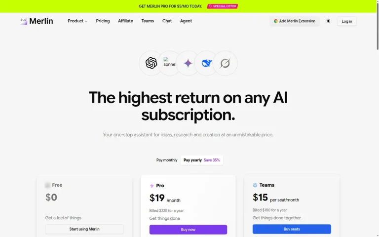 Merlin AI official pricing page screenshot with plan names