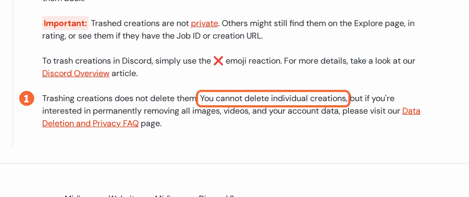 Midjourney organizing creations documentation with the sentence saying individual creations cannot be deleted marked