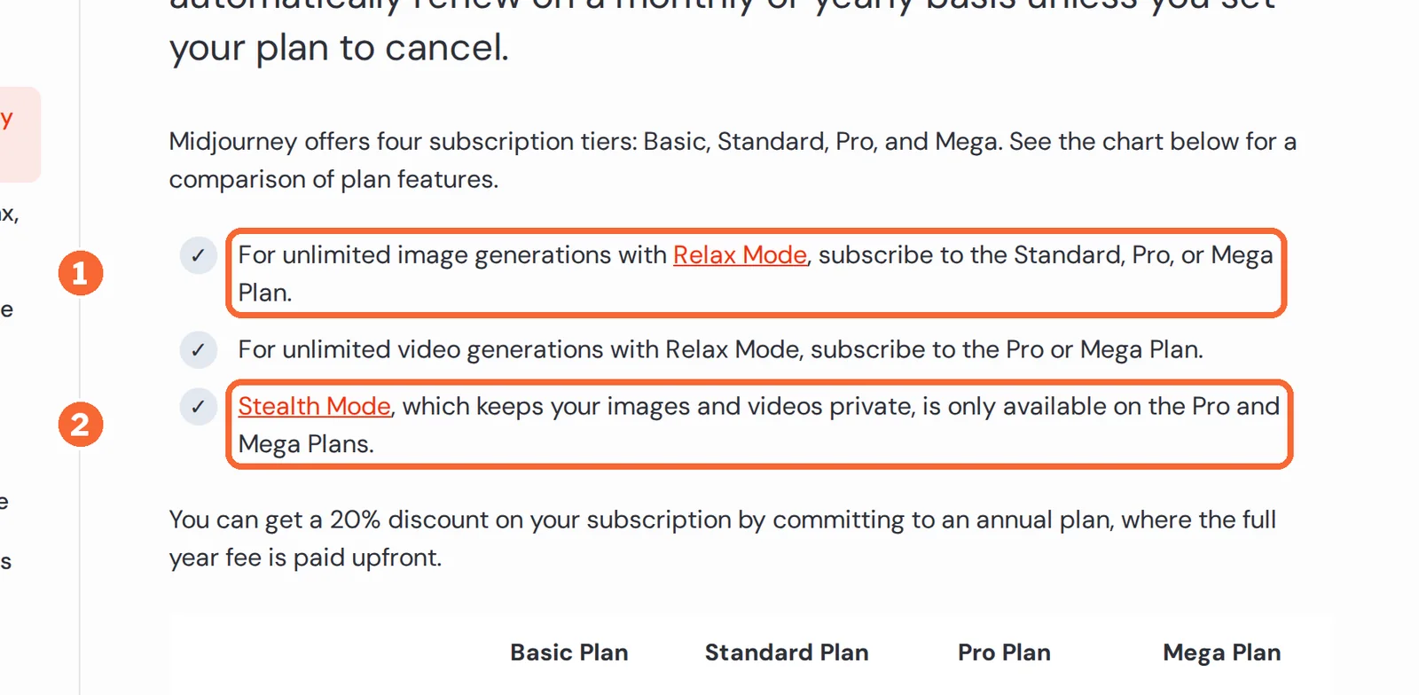 Midjourney plan comparison article with the Relax Mode plan line and the Stealth Mode Pro and Mega line marked