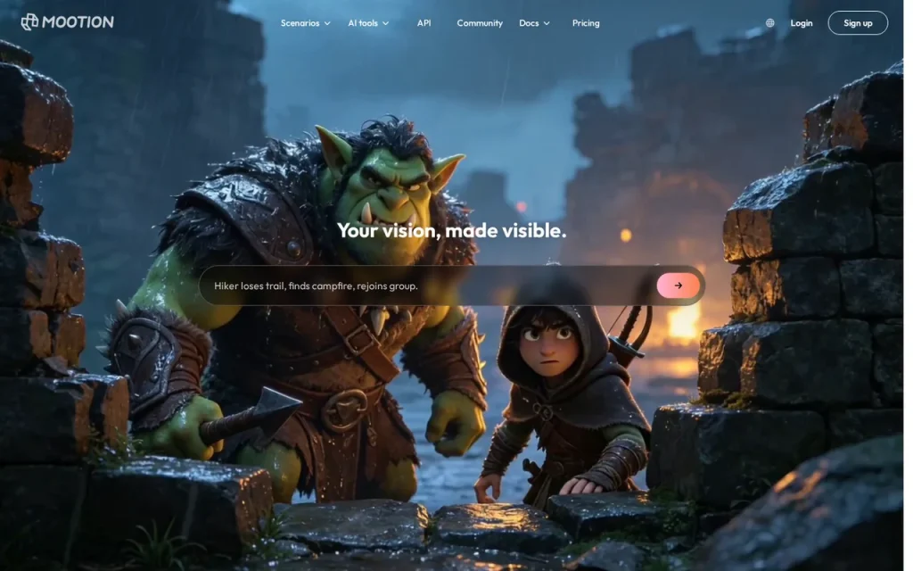 Mootion homepage with a prompt box over a generated scene of two fantasy characters in ruins
