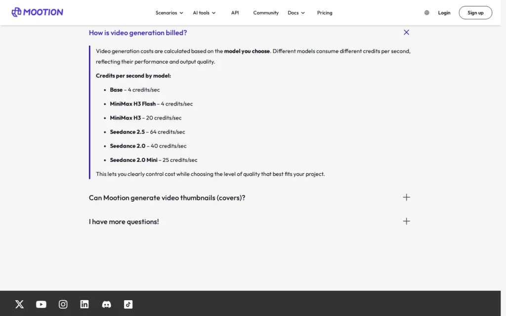 Mootion FAQ answer listing video generation credits per second for Base, MiniMax H3 Flash, MiniMax H3, Seedance 2.5, Seedance 2.0 and Seedance 2.0 Mini
