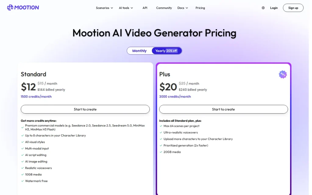 Mootion pricing page in the yearly view with Standard and Plus plan cards, credits per month and feature lists