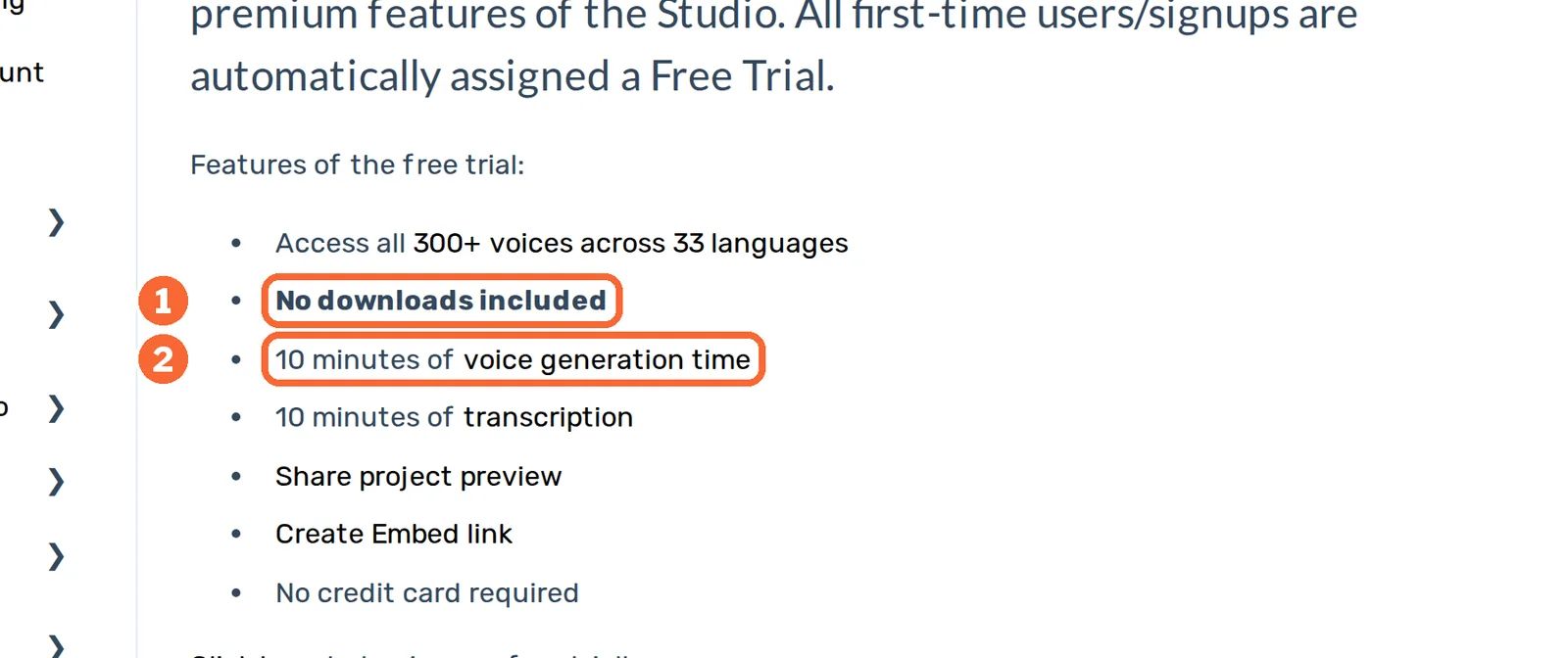 Murf free trial help article with the no downloads line and the 10 minutes of voice generation line marked