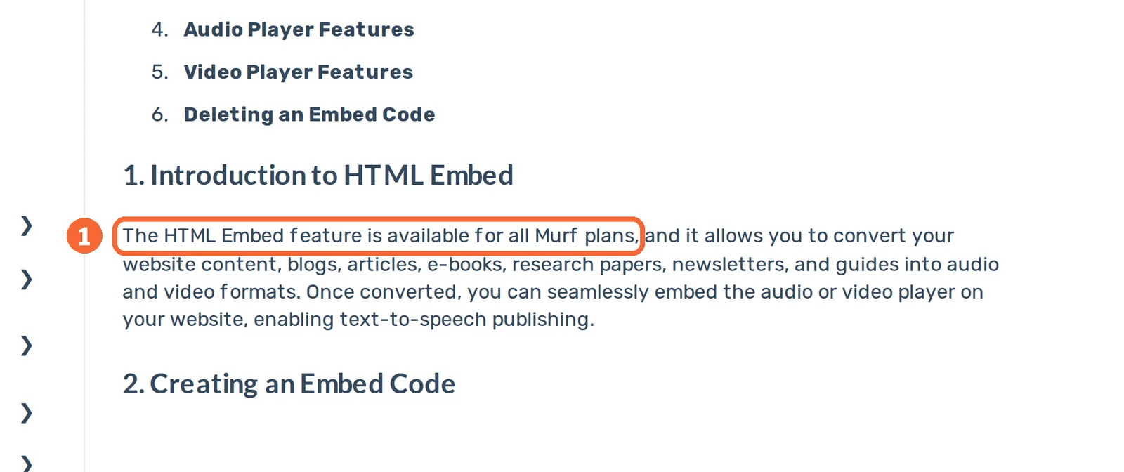Murf HTML Embed guide with the sentence saying the feature is available on all Murf plans marked