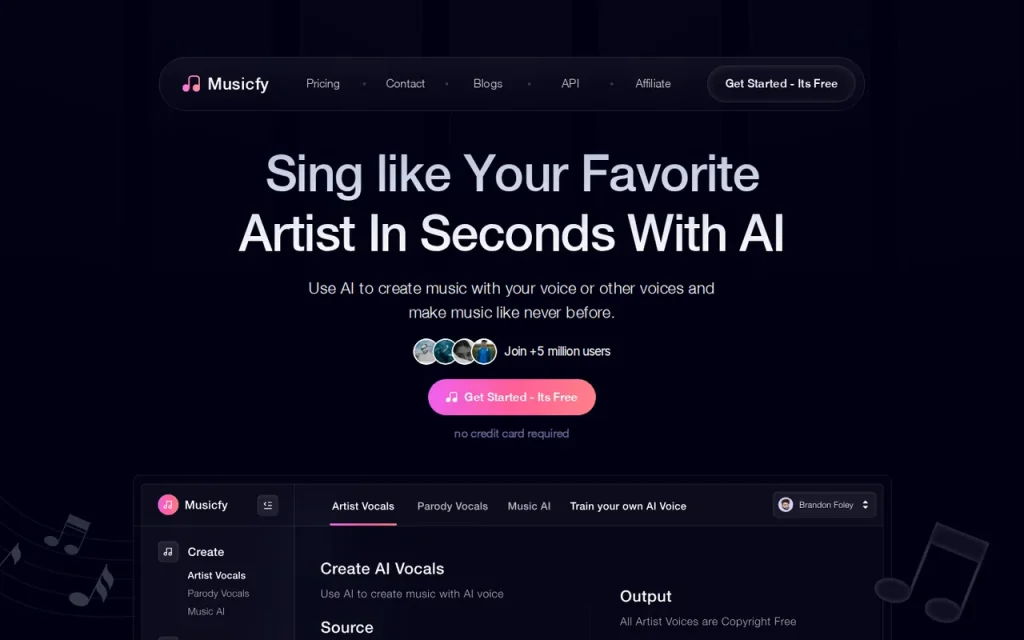 Musicfy homepage screenshot showing the official landing page