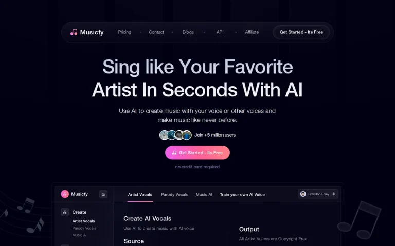 Musicfy homepage screenshot showing the official landing page