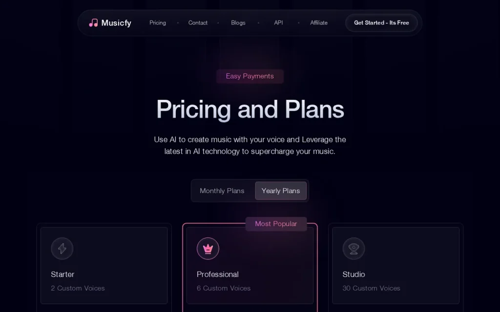 Musicfy official pricing page screenshot with plan names