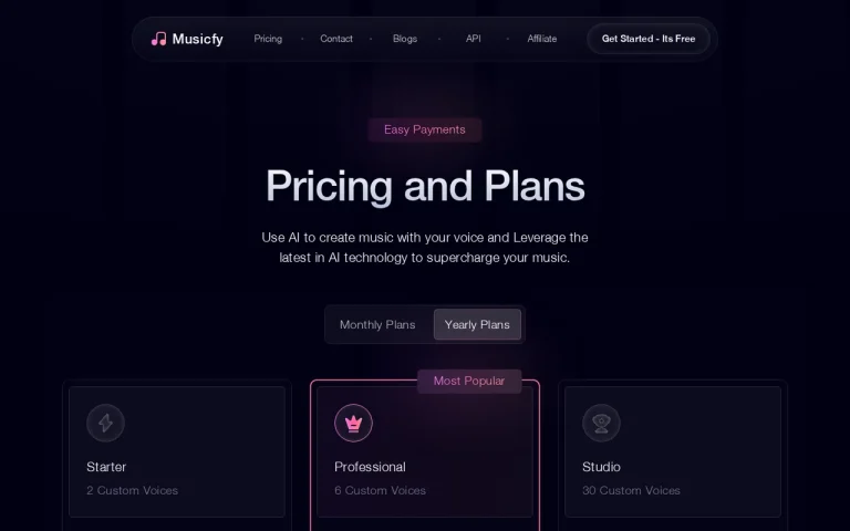 Musicfy official pricing page screenshot with plan names