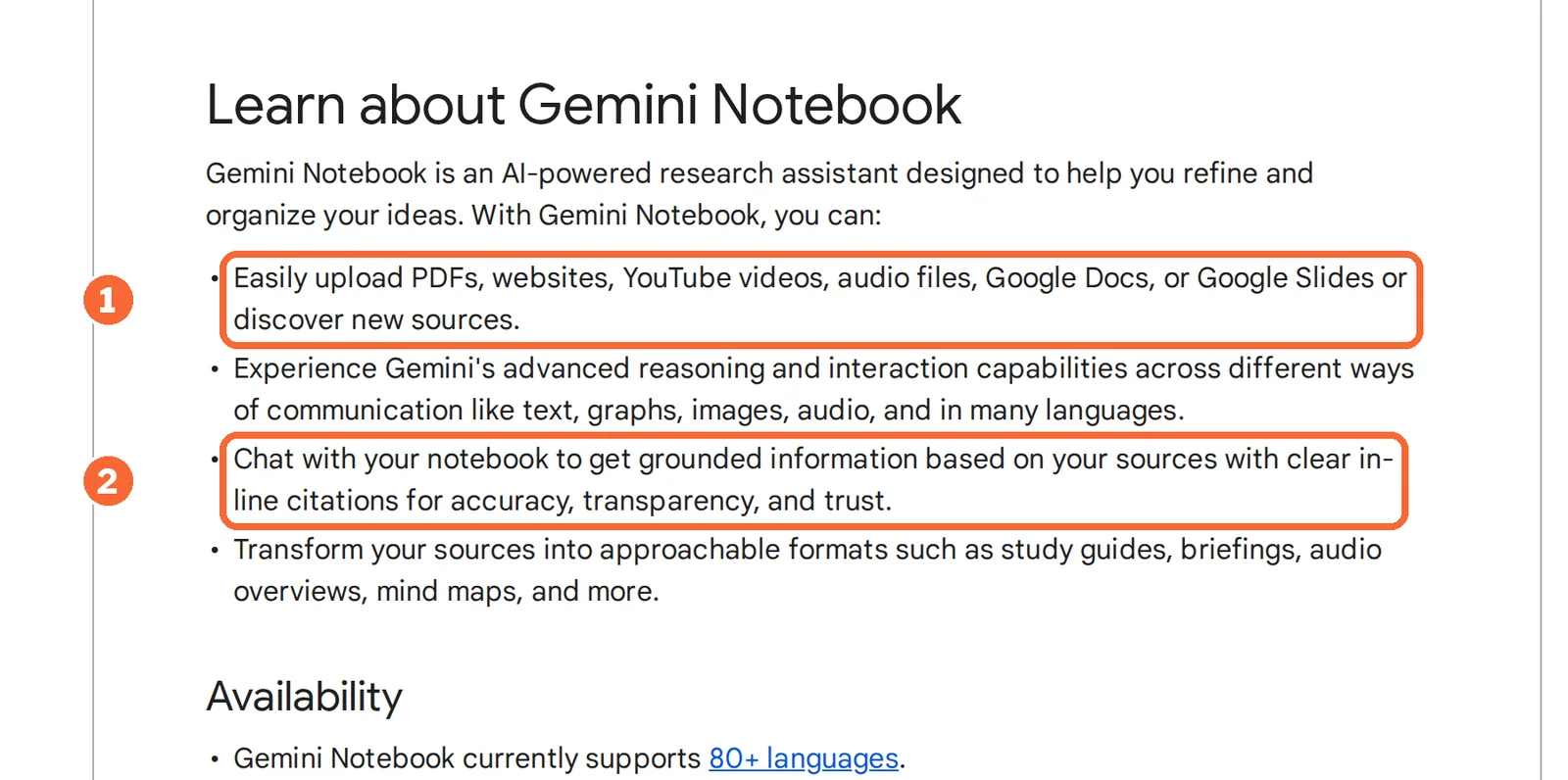Gemini Notebook help overview with the supported source types and the in-line citations line marked