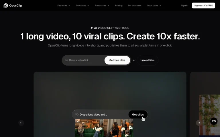 OpusClip homepage screenshot showing the official landing page