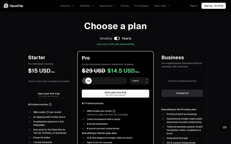 OpusClip official pricing page screenshot with plan names