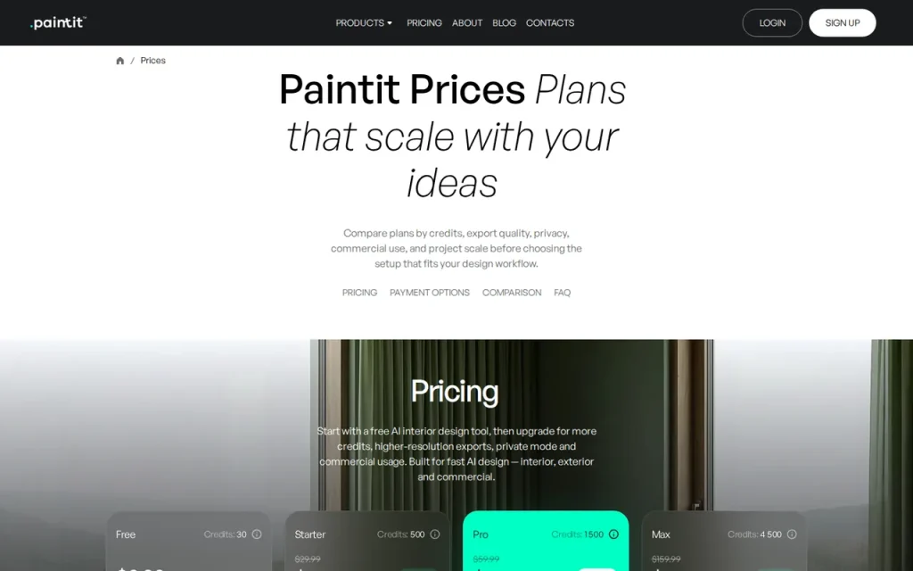 PaintIt AI official pricing page screenshot with plan names
