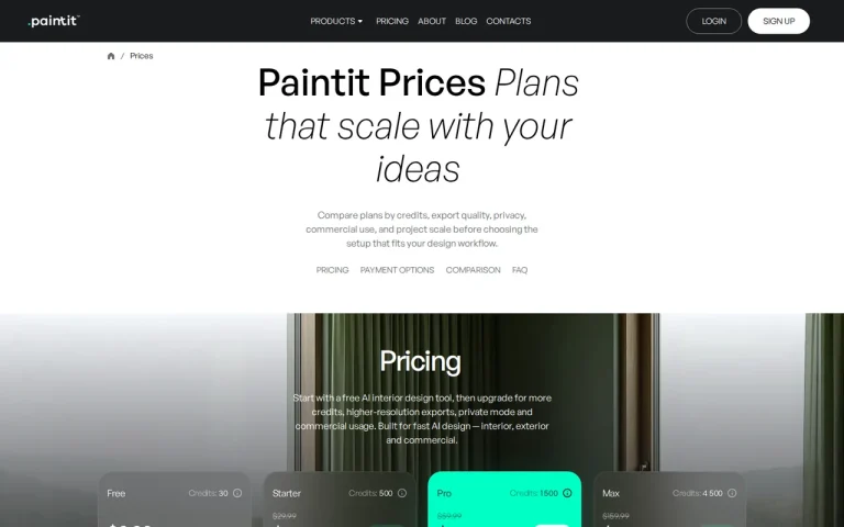 PaintIt AI official pricing page screenshot with plan names