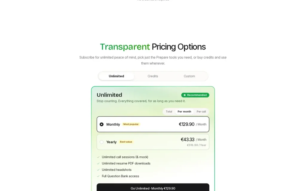 ParakeetAI official pricing section screenshot with the Unlimited plan