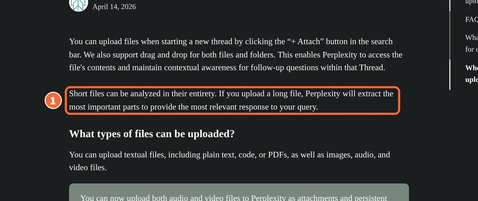 Perplexity file uploads help article with the sentence on extracting the most important parts of a long file marked