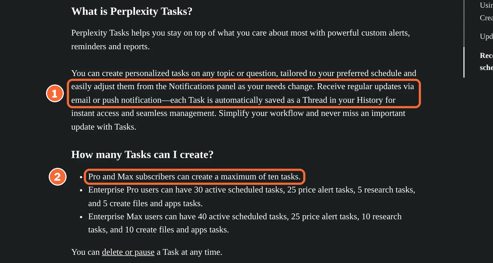 Perplexity Tasks help article with the email or push notification delivery line and the ten-task limit for Pro and Max marked